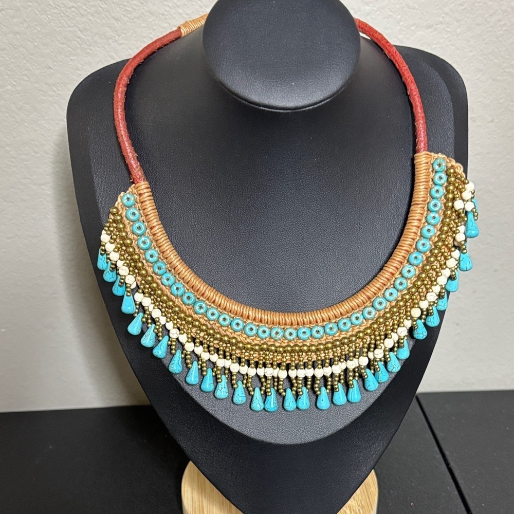 World Woven Artisan Turquoise Beaded THAI STONE BIB NECKLACE Handcrafted